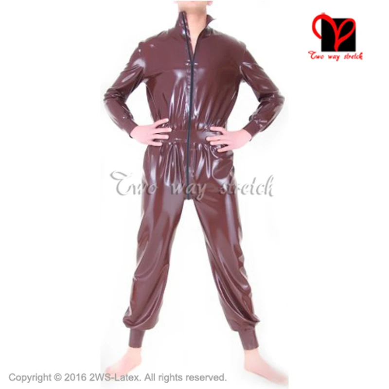 

Sexy Brown Wide Latex Catsuit Rubber Body Suit Zentai Gummi Unitard Long Sleeves Front Zip Overall Narrow Cuffs Lt-114