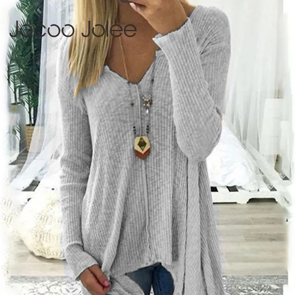 

Jocoo Jolee Autumn V Neck Knitted Sweaters Casual Solid Pullover Slim Jumpers Oversized Chic Knitting Tops Clothing