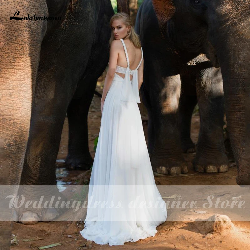 Vestido de novia bohemio de Chifón con abertura para mujer, traje de novia con escote en V, color blanco