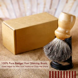 2in1 Pure Badger Hair Shave Brush Wood Handle Resin Stand Traditional Shaving Kit Wood Shaving Brush Holder Set for Men Gift