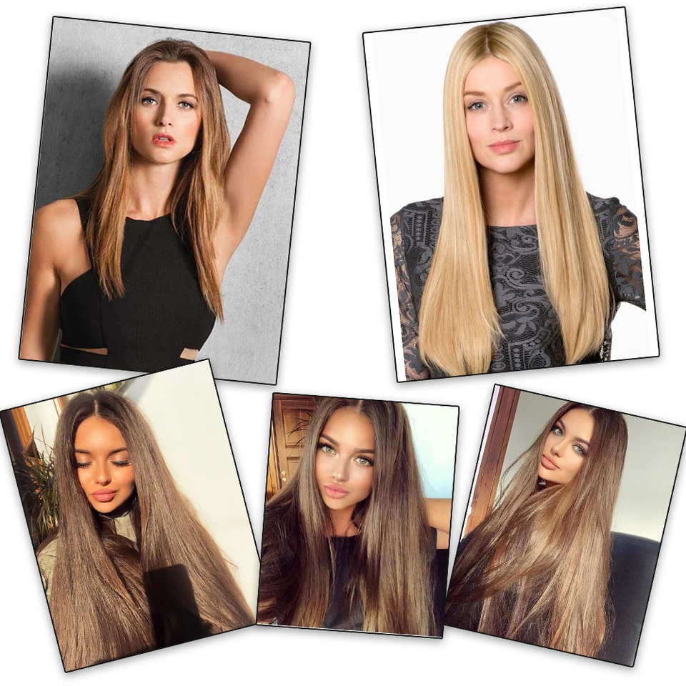 Extensión de cabello sintética larga y lisa de una pieza con 5 clips, rubia, marrón o negra, postizo resistente al calor 6