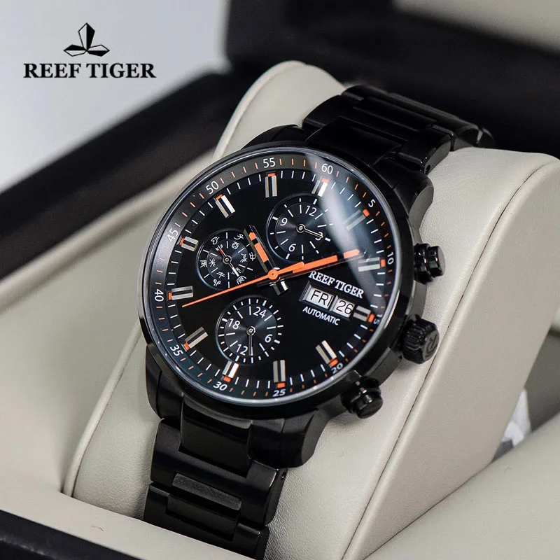 Reef Tiger/RT 2021 New Top Brand Business Men Automatic Mechanical Watch All Black Stainless Steel Date Waterproof Male Watches