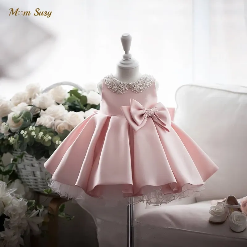 Baby Girl Princess Dress Pearl Collar Infant Toddler Girl Vintage Vestido Bow Costume Party Birthday Ball Gown Baby Clothes 1-7Y