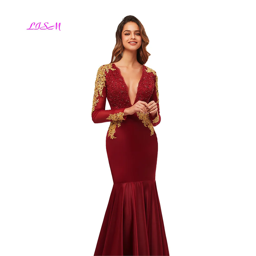 Elegante vestido de noche de sirena, Sexy, con cuello en V profundo, manga larga, satén, para baile de graduación, apliques dorados, vestidos de fiesta formales con cuentas