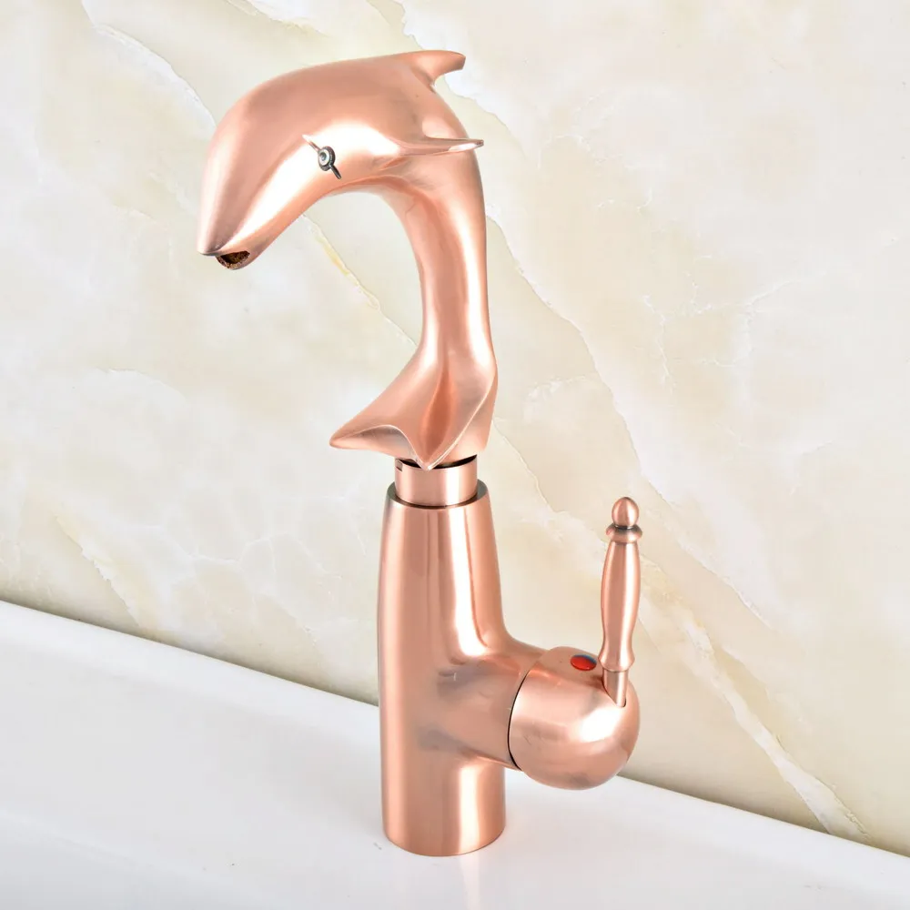 

Red Copper Dolphin Shaped Bathroom Faucet Single Handle Basin Sink Mixer Deck Mounted Hot and Cold Water Tap Nsf850