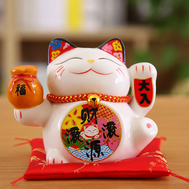 5 Inch Maneki Neko Lucky Cat Ornament Ceramic Fortune Cat Statue Home Decorative Gift Feng Shui Beckoning Cat Piggy Bank
