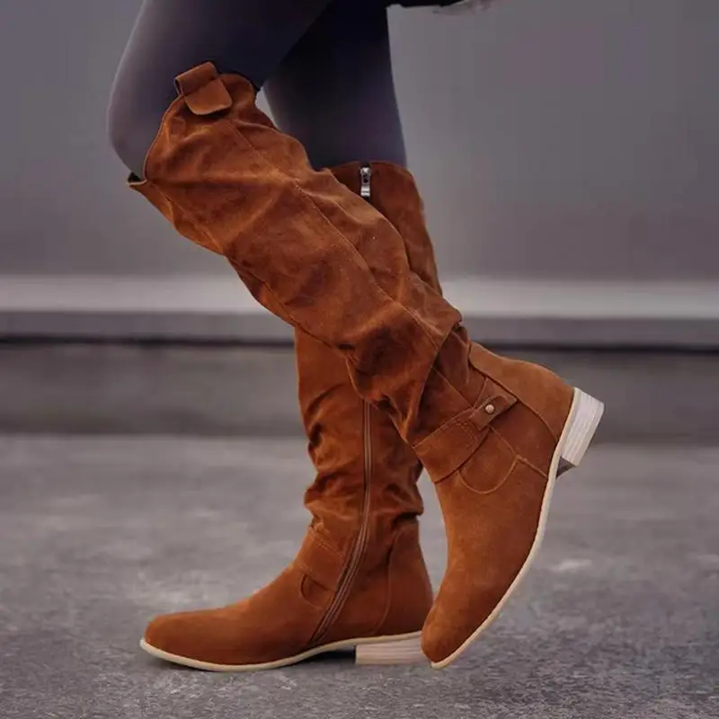 Women Knee High Boots Solid Color Suede Ladies Boot Autumn Warm Pointed Toe Sexy Zipper Low Heel Pumps Comfortable Female Shoes