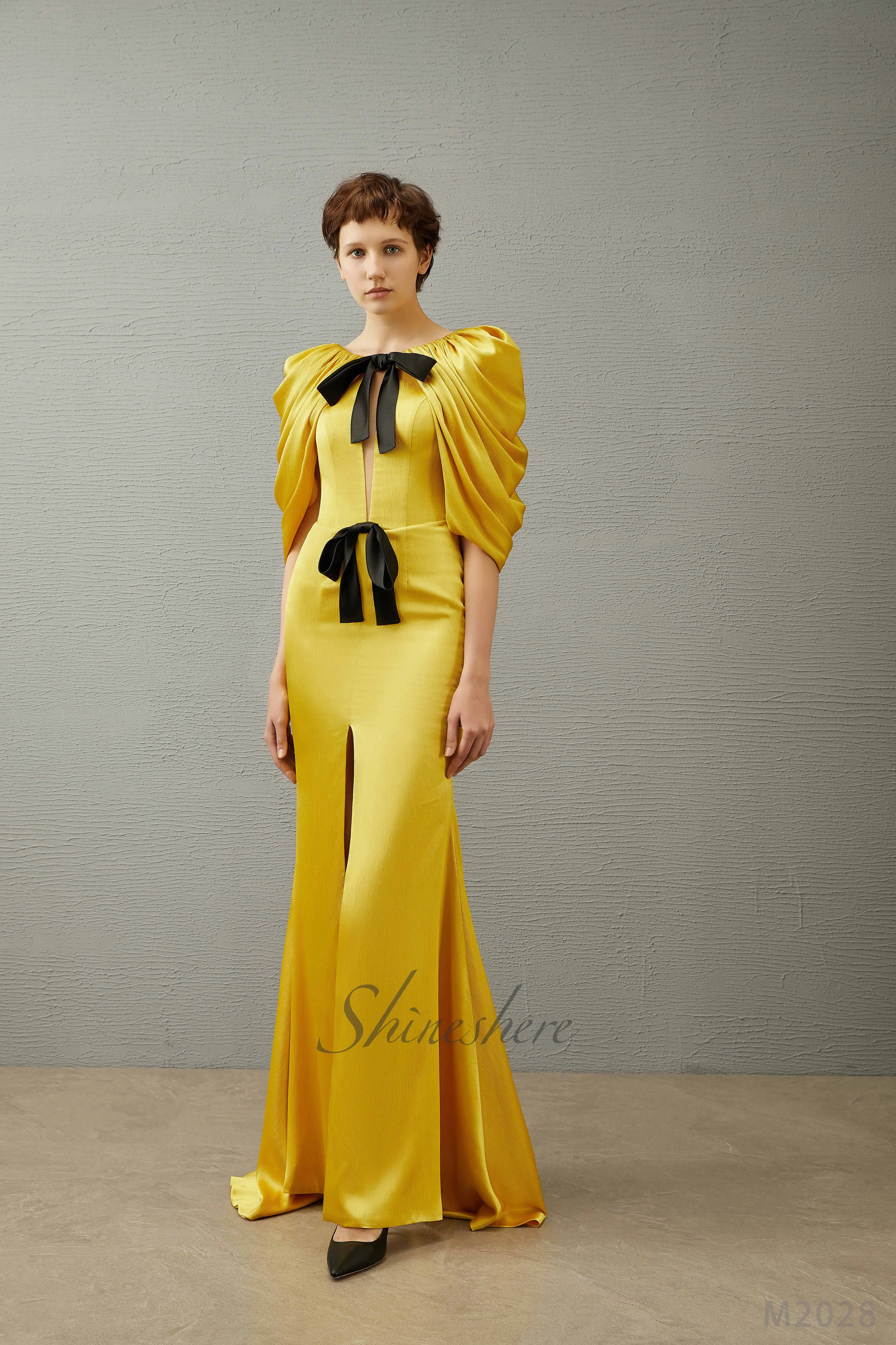 Jusere evening dress elegant party dress with puffy sleeves yellow evening gown with sweep train