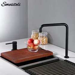 Smesiteli 360 Degree Swivle Kitchen Faucet Solid Brass Double Hole Single Handle Matt Black L-Shaped Kitchen Wash Basin Faucet