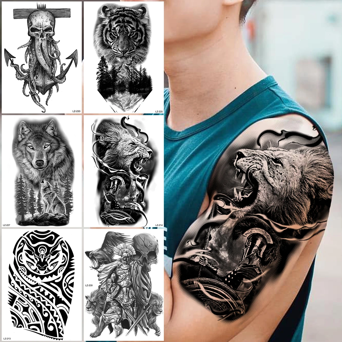 Black Lion Knight Temporary Tattoos For Men Boys Realistic Wolf Tiger Forest Maori Octopus Fake Tattoo Sticker Arm Back Tatoos