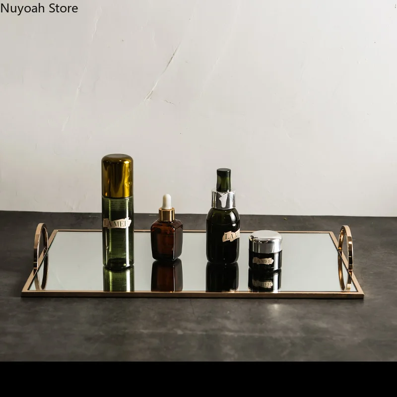 

Nordic Metal Tray Glass Mirror Cosmetic Storage Tray 40cm Rectangular Dessert Display Tray Living Room Decoration Accessories