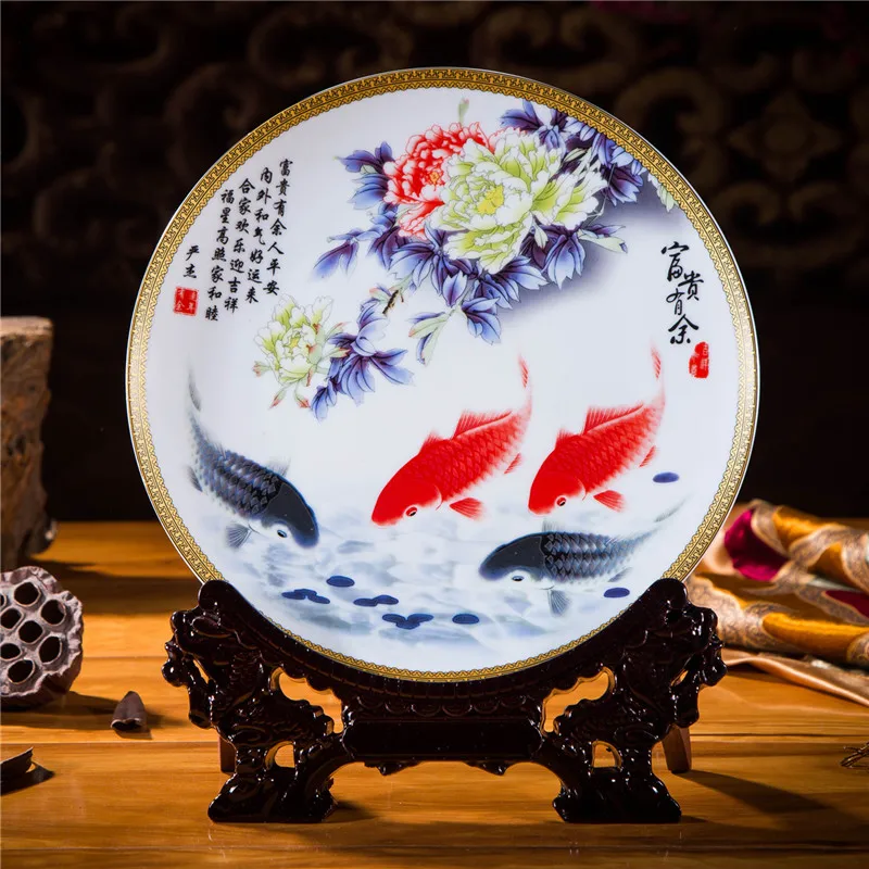 New Chinese Style Lucky Ceramic Ornamental Plate Porcelain Plate Set Chinese Decoration Dish Wedding Gift