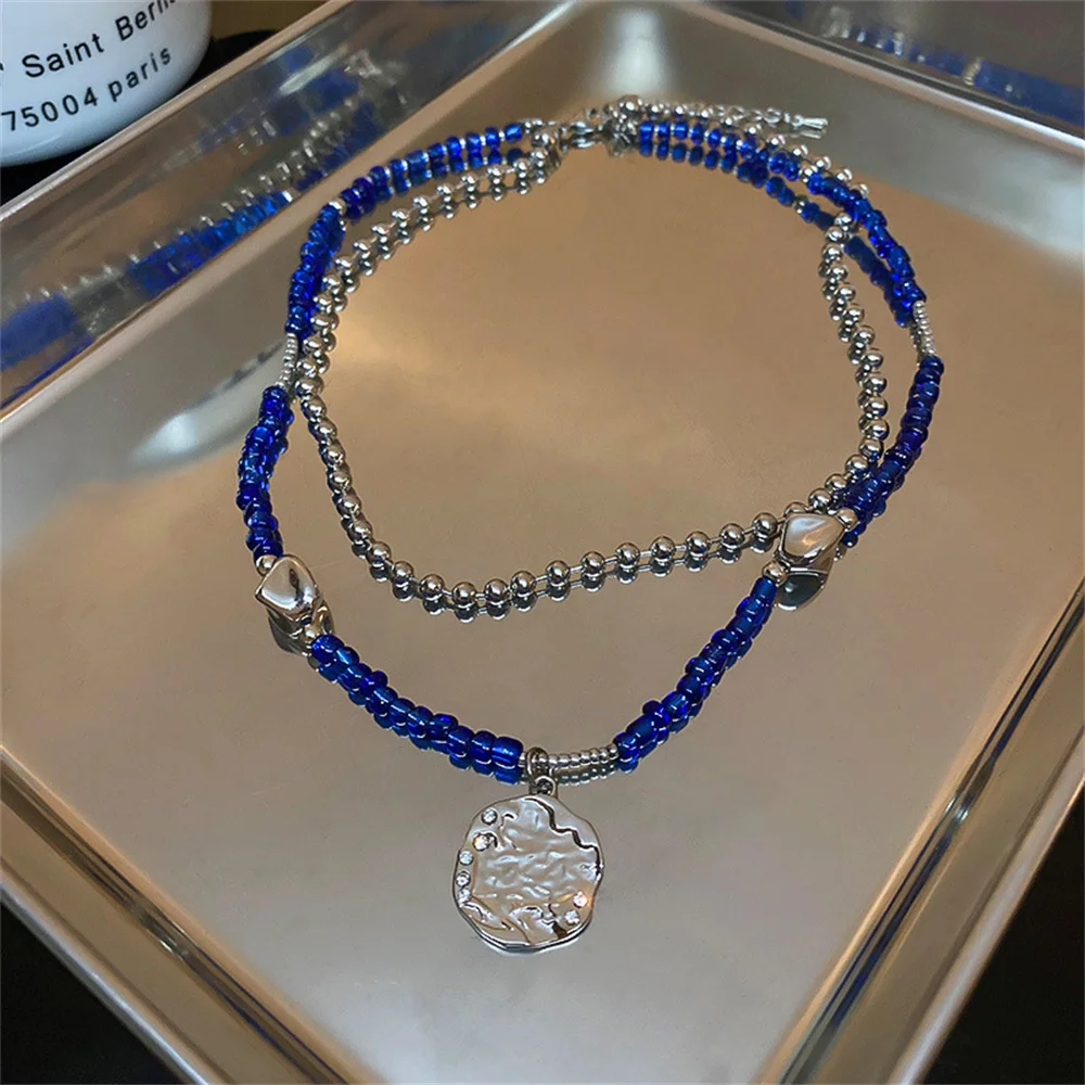 South Korea irregular round brand double layer necklace design splicing clavicle chain personality sweater sweater accessories