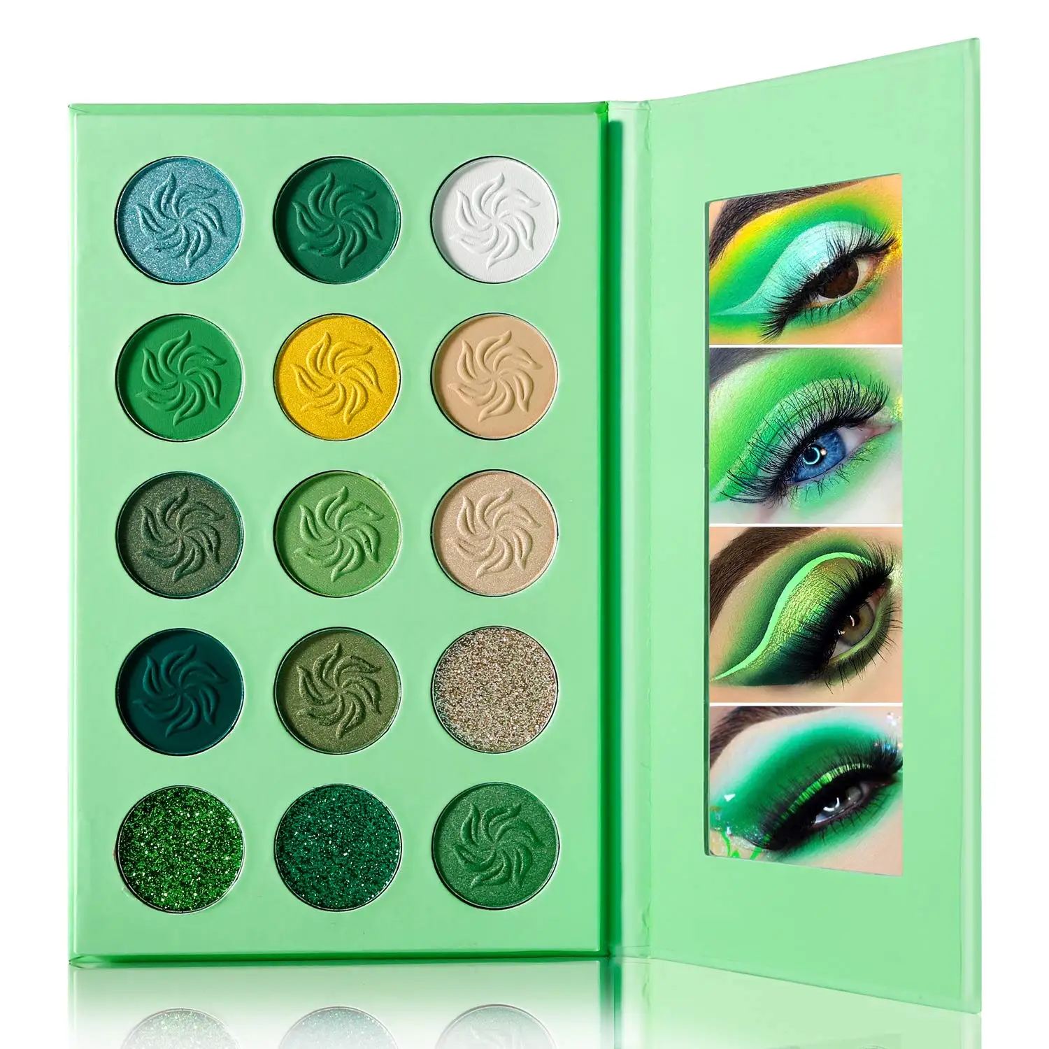 Paleta de sombras de ojos verdes, juego de maquillaje altamente pigmentado de 15 colores, paleta de sombras de ojos verde esmeralda, amarilla desnuda y sin desgaste