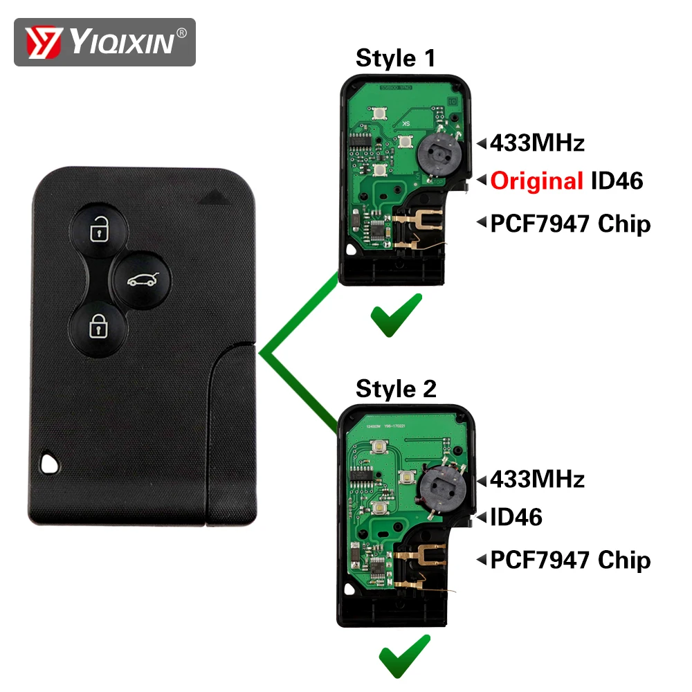 YIQIXIN 3 Button Smart Card 433Mhz ID46 PCF7947 Chip With Insert Small Key Blade For Renault Megane 2 3 Koleos Clio Grand Scenic