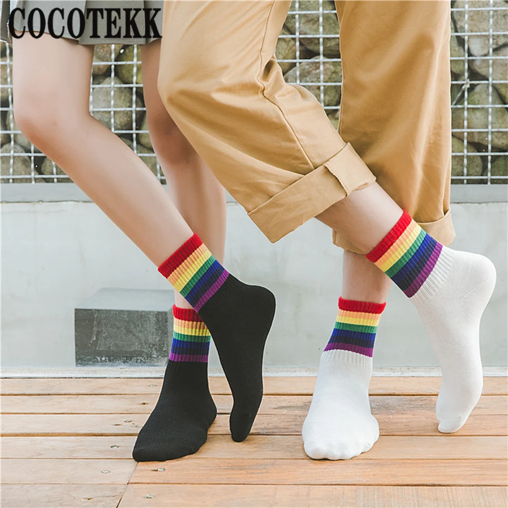 

Women's Socks Soft Cotton Rainbow Stripes Couple Socks Fashion Harajuku Warm Casual Tide Men Socks Colourful Trend Street Style