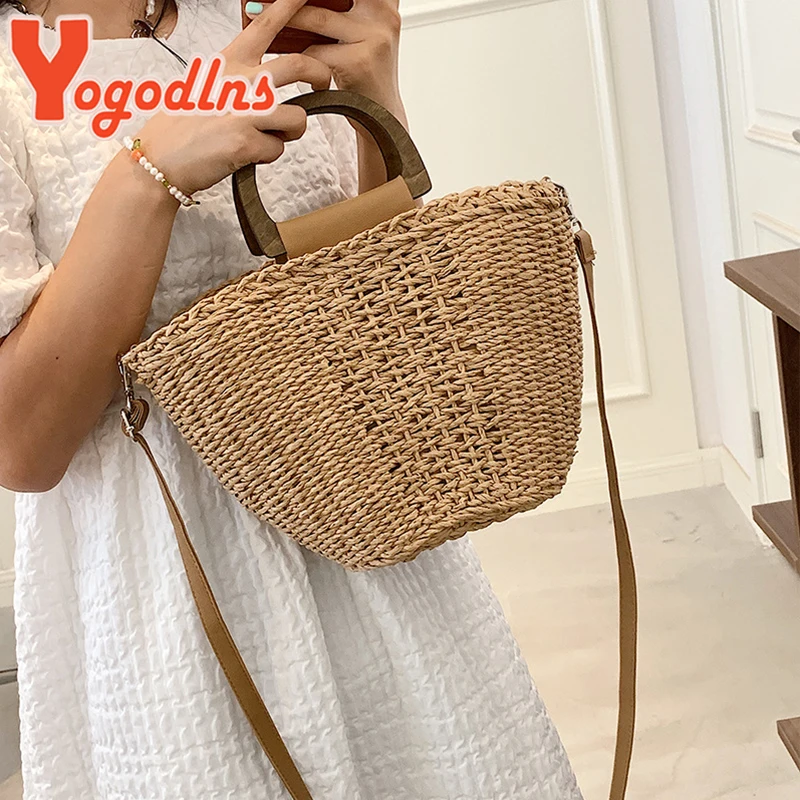 Summer Straw Bucket Bag Female Large Capacity Beach Bags Rattan Handmade Crossbody Bag Vacation Tote Woven Handle Bag