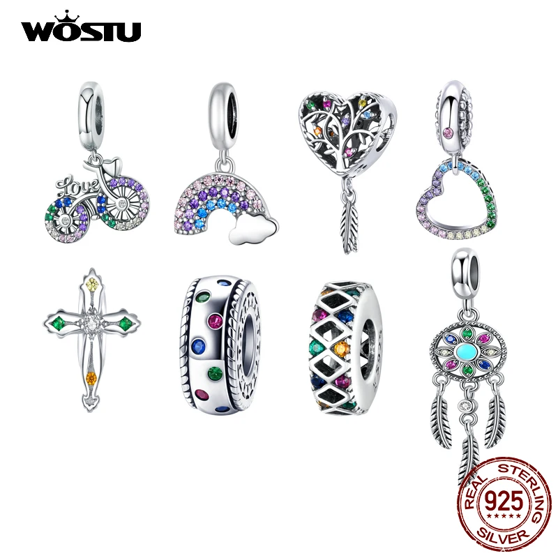 

WOSTU 925 Sterling Silver Heart Rainbow Tree Dreamcatcher Charms Colorful Bead Pendant Fit Original Bracelet Necklace Jewelry