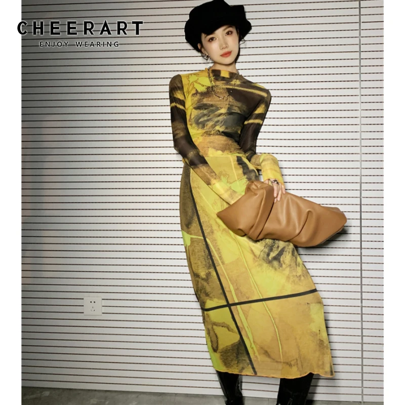 Cheerart Lente 2021 Hoge Taille Geel Rok Vrouwen Bloemen Gedrukt Bodycon Een Lijn Lange Midi Dames Rok Esthetische Kleding