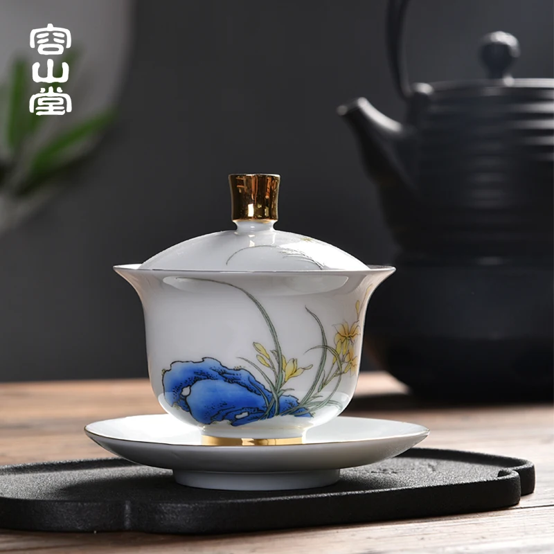 

|RongShan hall gode tasted silver gilding suet jade porcelain tureen ceramic blue large three bowl kung fu tea set