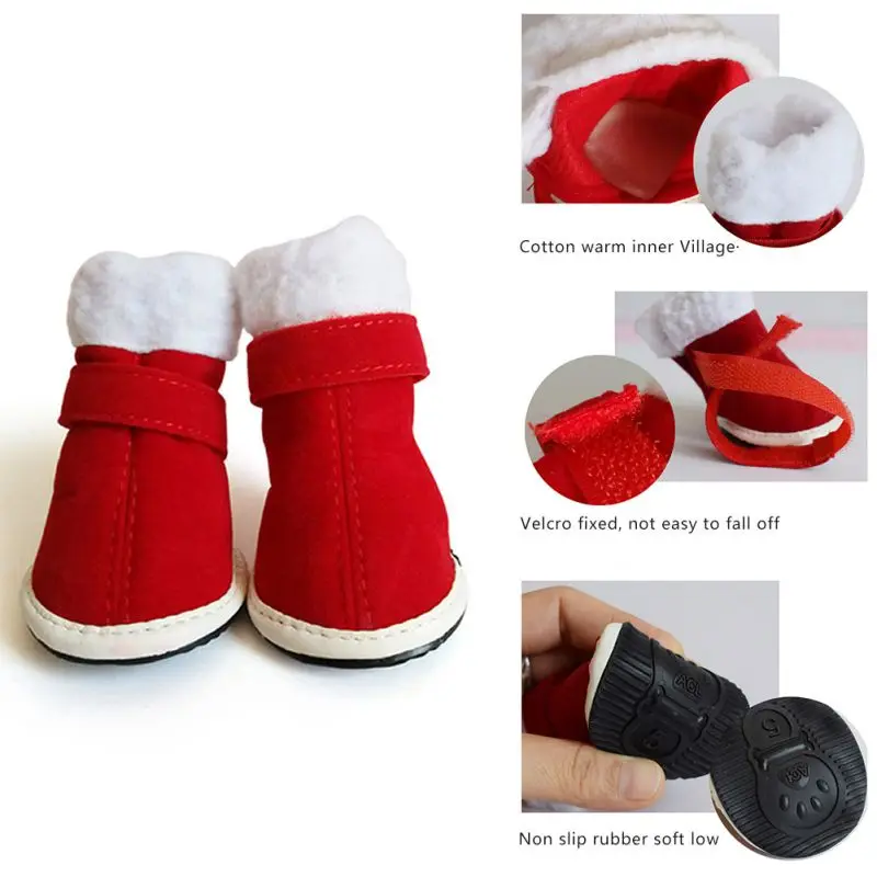 4 Pcs/Sets Santa Dog Shoes For Small Dogs Winter Warm Fleece Puppy Pet Shoes Windproof Dog Snow Boots Chihuahua Yorkie Shoes