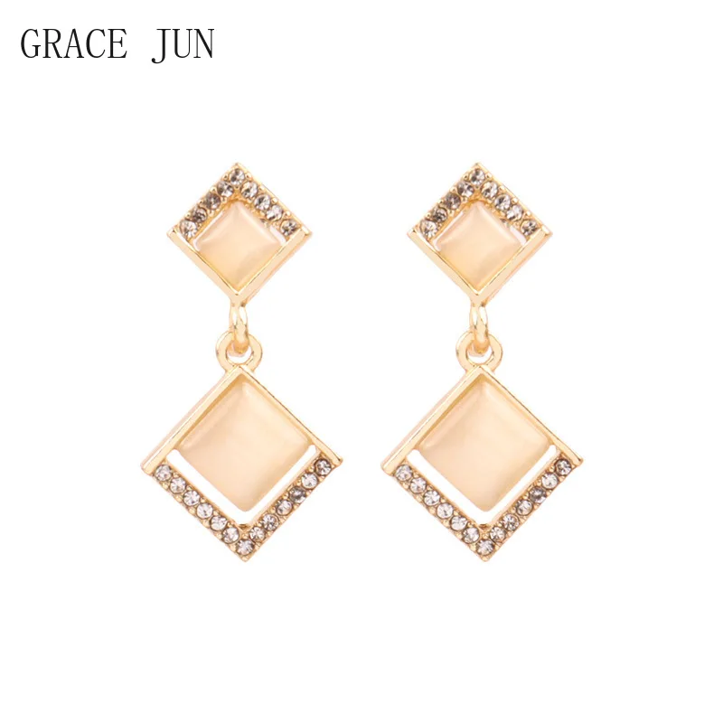 GRACE JUN Square Geometric Clip on Earrings No Pierced Women's Rhinestone Opal Stone Gold Color Fake Piercing Ear Clip 2021 New