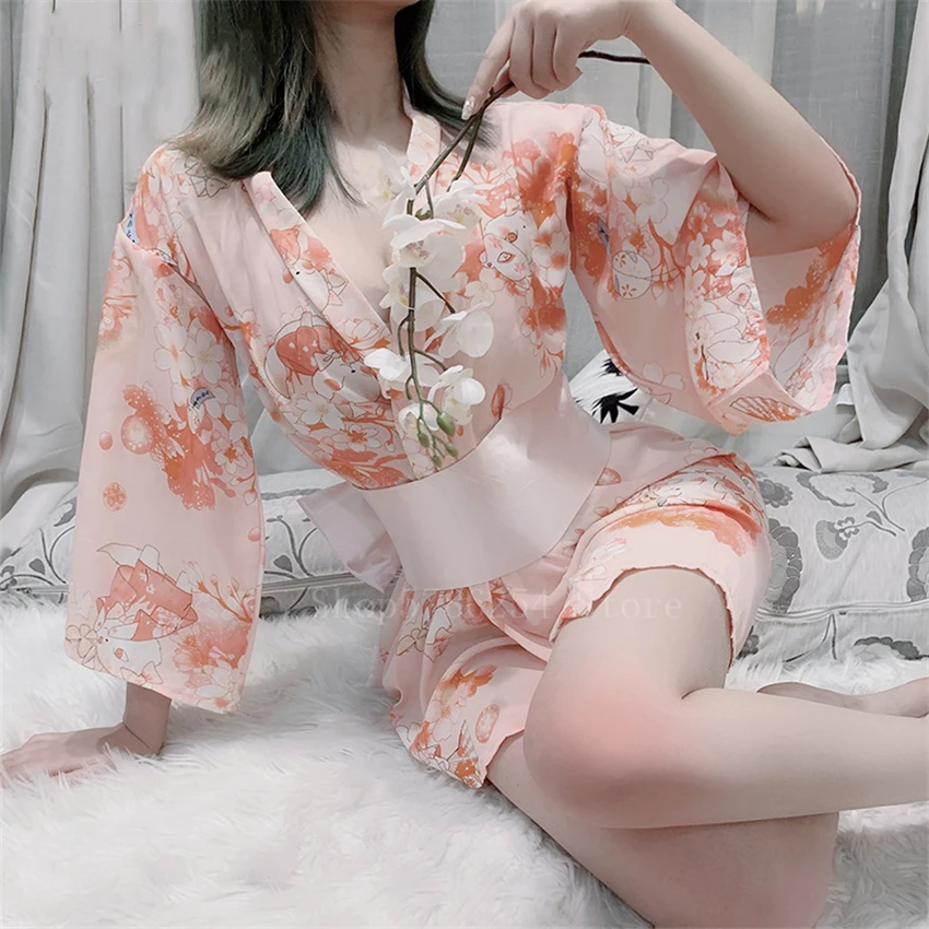 Sexy Woman Japanese Yukata Sleepwear Lovely Anime Printed Kimono Bathrobe Lady Elegant Short Chiffon Lingerie Nightgown