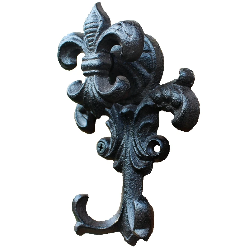 Antique Black Fleur De Lis Design Cast Iron Wall Hook With Two Hangers European Industrial Accents Home Garden Wall Decor Hook