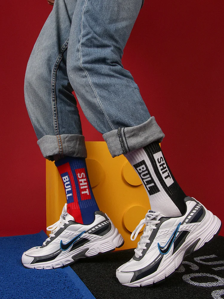 Original BULLSHIT Contrast Letter Hiphop Men Sock Street Popular Logo Skateboard Women Medium Length Sports SOCKS