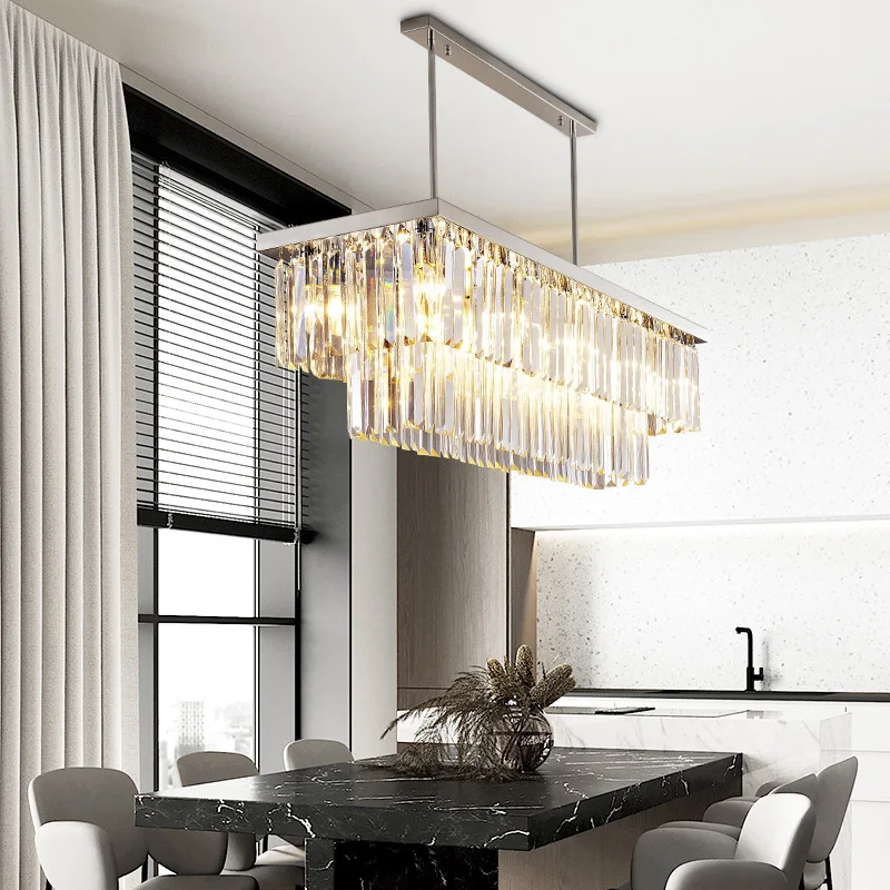 

Modern silver crystal chandelier for dining room rectangle kitchen island suspension crystal lamps Luxury home decor led light