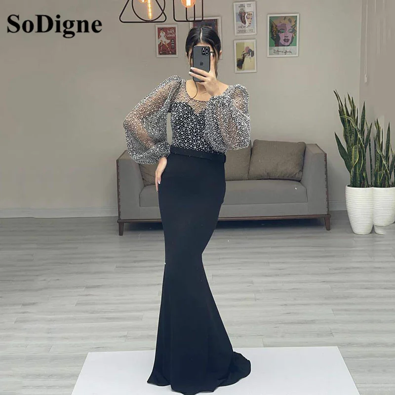 SoDigne-Vestidos de Noche de sirena con cuello redondo para mujer, prenda de manga larga, longitud hasta el suelo, para fiesta de graduación