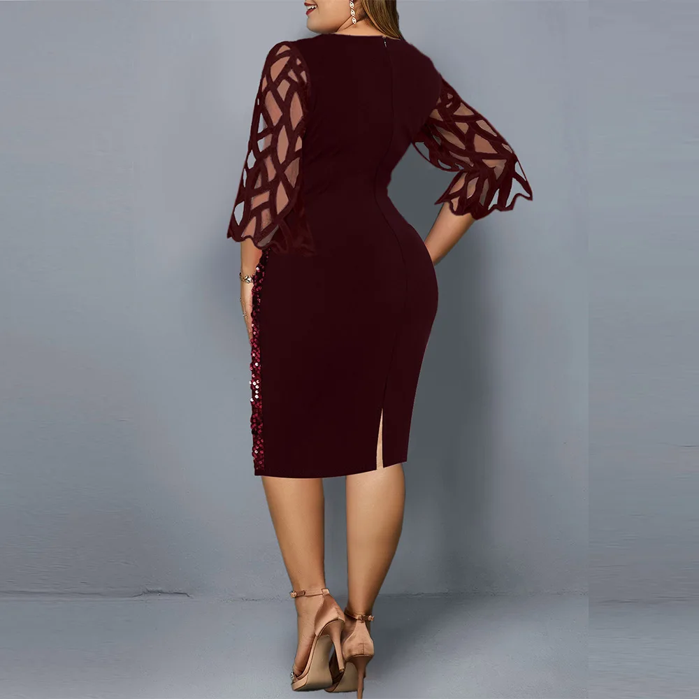 Plus Size S-5XL Fashion Women Sequins Autumn Dresses Lace Sleeve Shining Lady Casual Fashion Dress Sexy Mom Clothing O neck