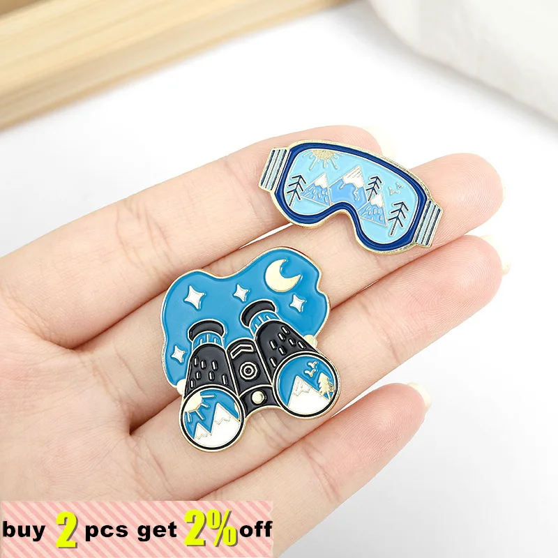 Snow Mountain Adventure Enamel Pin Hot Water Bottle Star Moon Telescope Goggles Ski Tool Brooch Badge Punk Pin Winter Gift