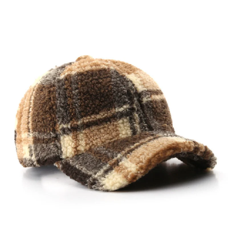 Baseball Cap Woman Lamb Wool Plaid Hats Winter Autumn Snapback Thickwarm Caps Female Casual Sun Visor Trucker Hats