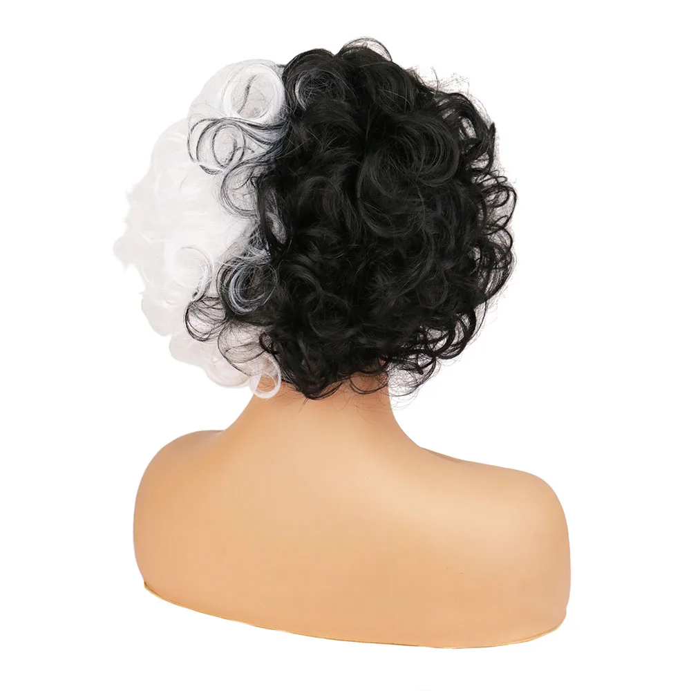 New Cruella Wig CRUELLA de Vil Cosplay Black White Halloween Party Hair Deville Dalmation Short Synthetic Hair Wigs+ Wig Cap