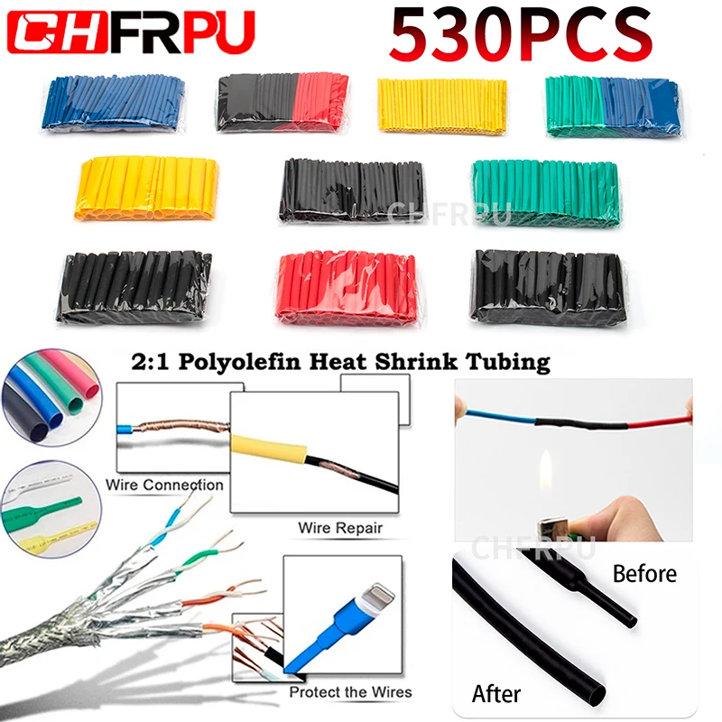 2:1 times heat shrin530pcs Heat Shrink Tube Kit Shrinking Assorted Polyolefin Insulation Sleeving Heat Shrink Tubing Wire Cable