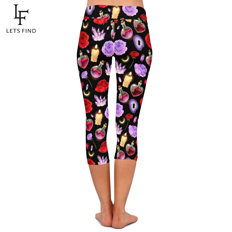 LETSFIND Summer High Waist Fitness Slim Capri Leggings Fashion Magic Glass Flask and Candle Print Women Balck Leggings