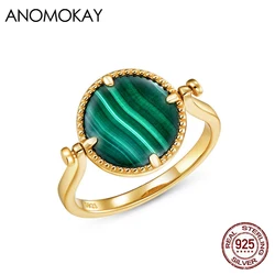 Anomokay New Round Green Malachite Gold Color Rings Two Sides Different Free Size 925 Silver Rings for Women Jewelry Gift