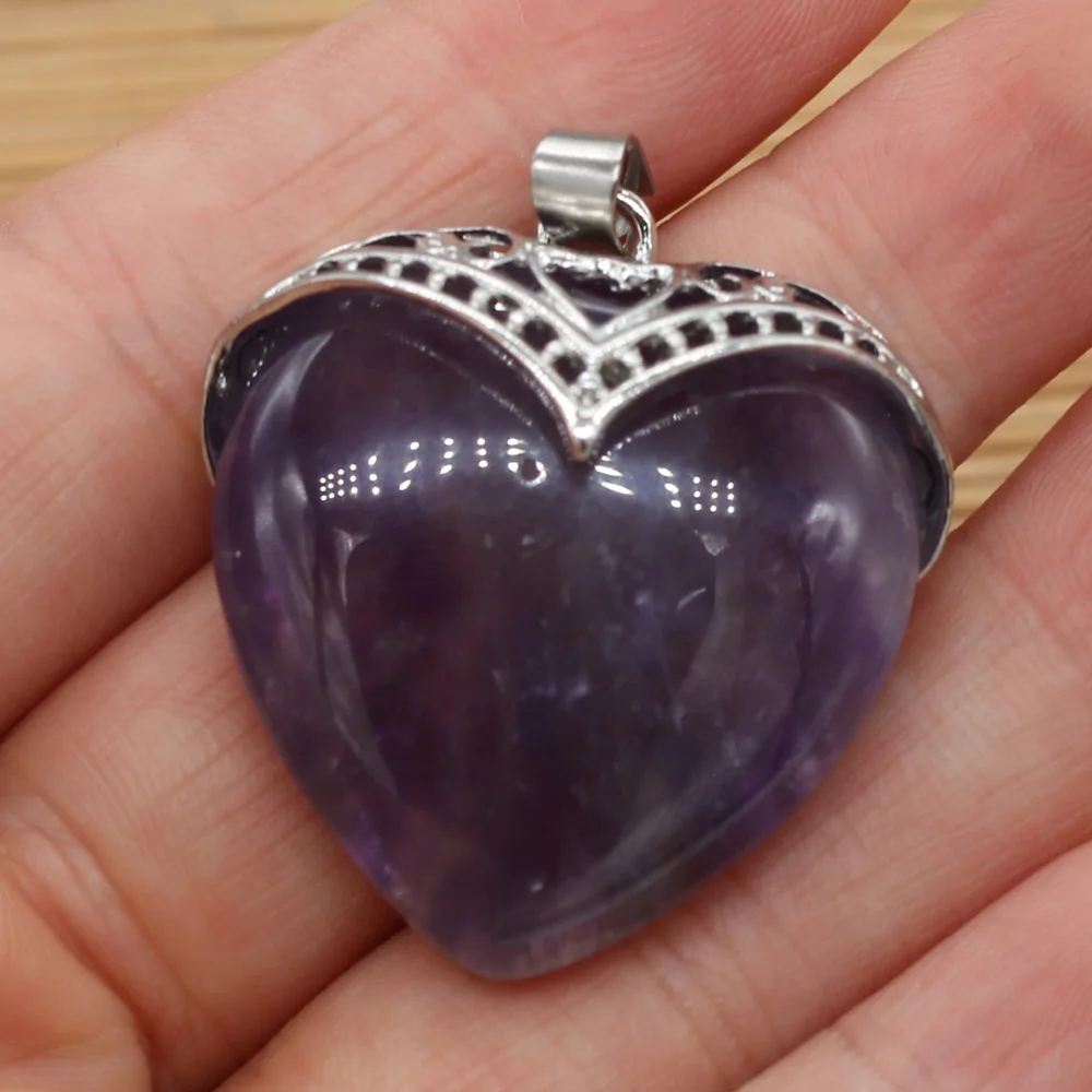 Natural Rose Quartzs Amethysts Pendant Metal Alloy Heart Shape Stone Pendants for DIY Jewelry Making Necklace 32x35mm