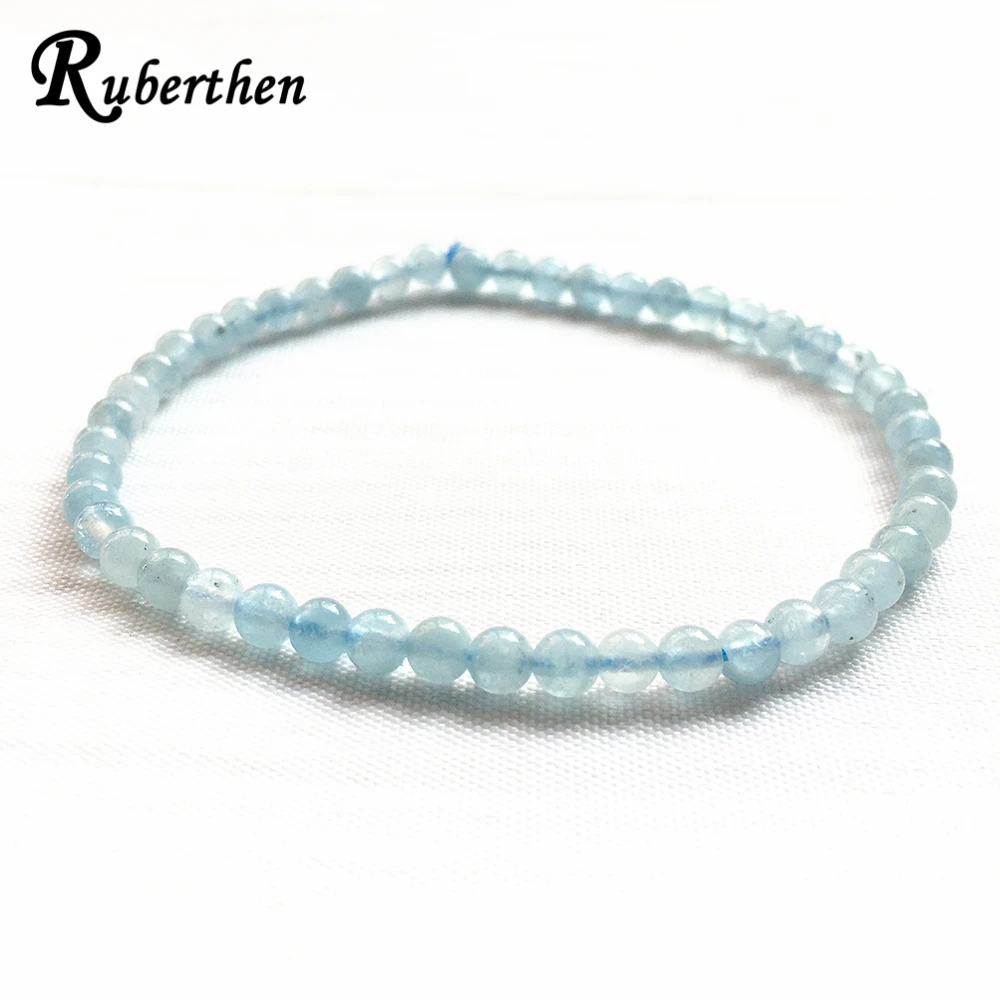 Ruberthen Natural 4 MM Aquamarine Bracelet Fashion Womens Mini Gemstone Yoga Energy Jewelry