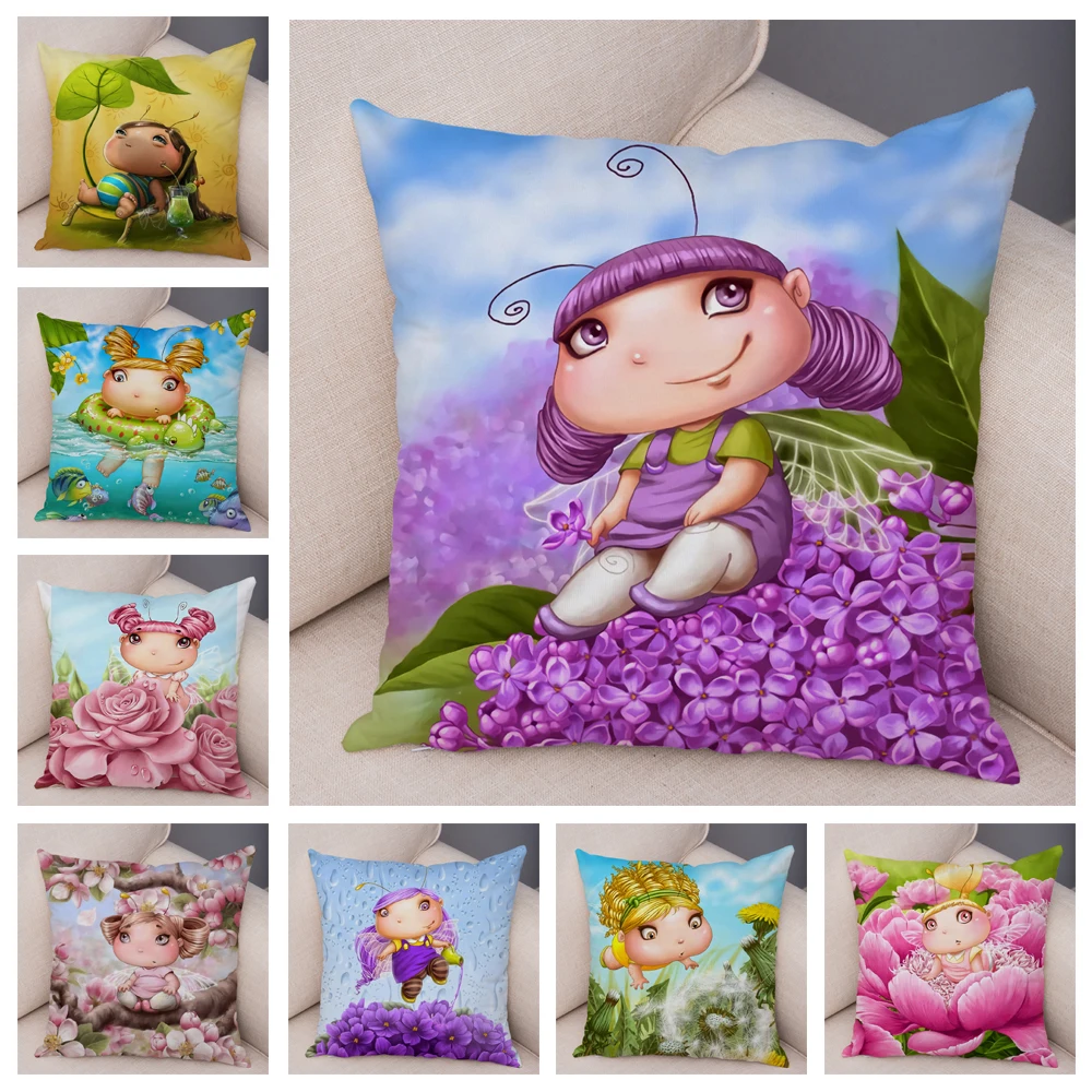 Cartoon Flower Girl Pillowcase Decor Fairy Tale World Pillow Case for Sofa Children Room Super Soft Plush Cushion Cover 45x45cm