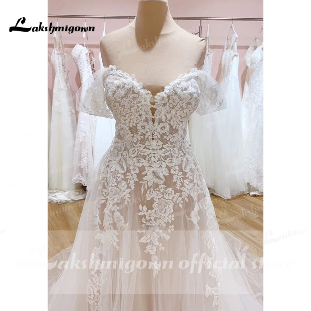 Vestidos Spitze Boho Off Schulter Brautkleid Spitze Champagner Braut Brautkleid Sexy Tüll Strand Brautkleider Angepasst