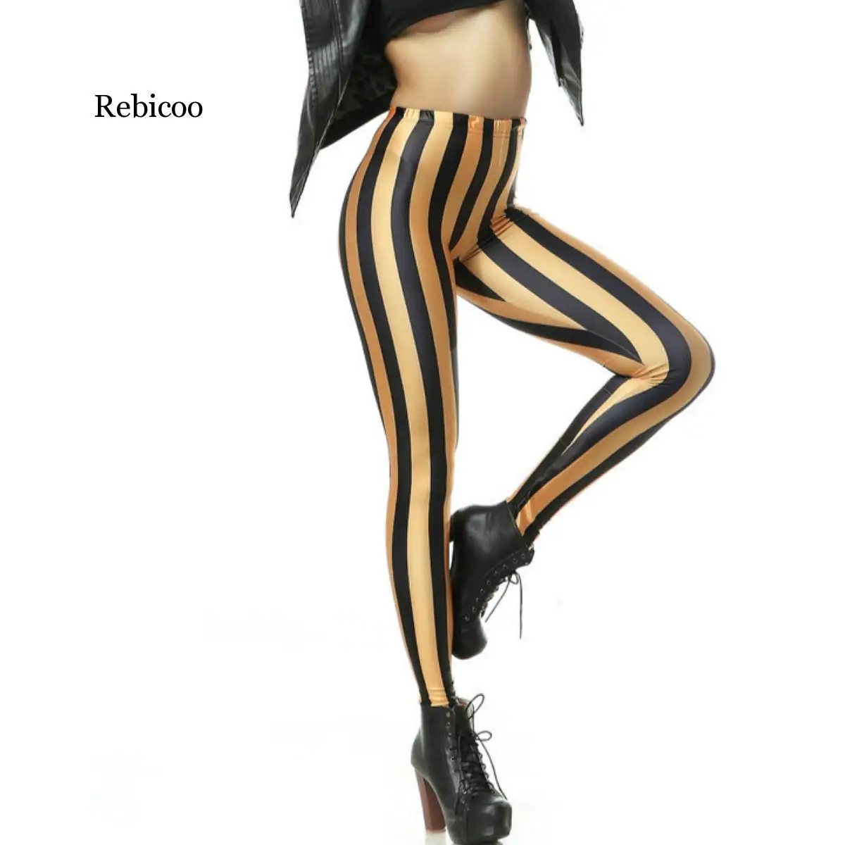 

Vertical Stripes Leggings Women Soft High Quality Joggings Golden Black Pants Patchwork Slim Legging Stretch Fitness Trousers