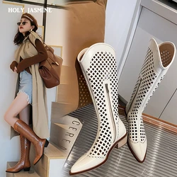 2021 Spring New Shoes Woman Designers Chic Hollow Boots Pointed Toe Natural Genuine Leather Women Boots Knee High Womens Shoes