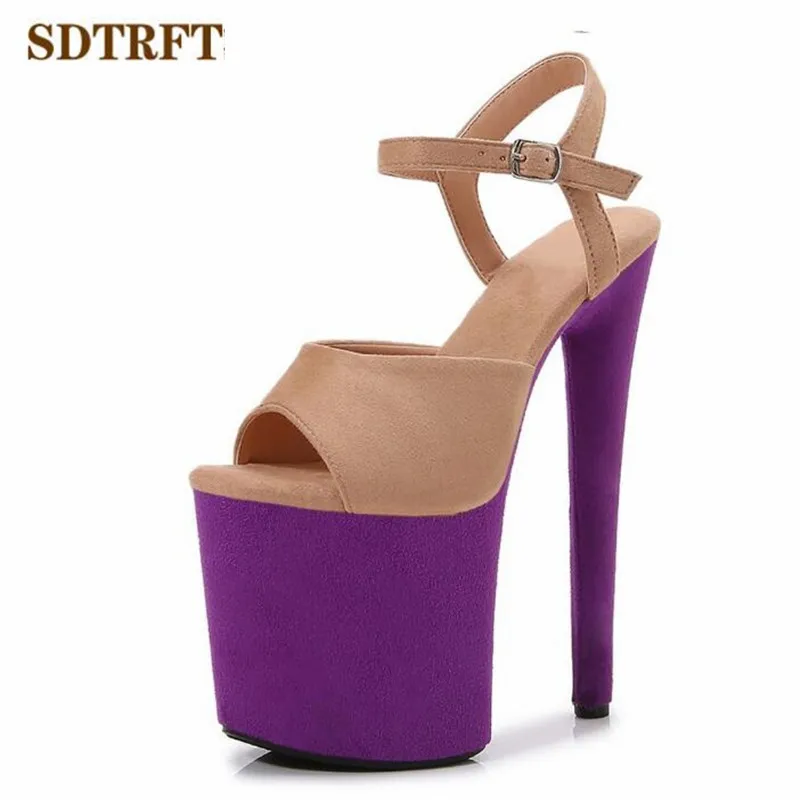 SDTRFT Multicolor Mode Schuhe Frau Plattformen Pumpen Offene spitze 20cm Ultra Dünne High Heels Plattform Flock Farbe passenden Sandalen