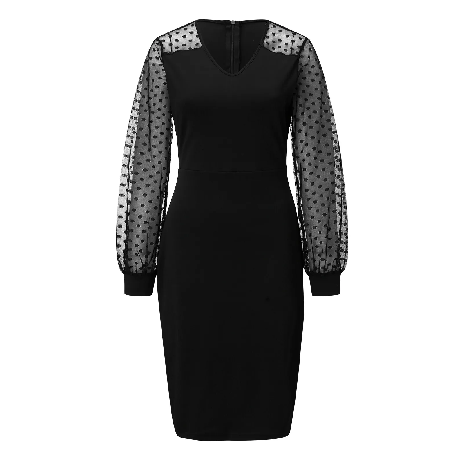 Elegancka obcisła sukienka damska z długimi rękawami Polka Dot V Neck Patchwork Mesh Lace Dress Office Lady Casual Slim Pencil Dress