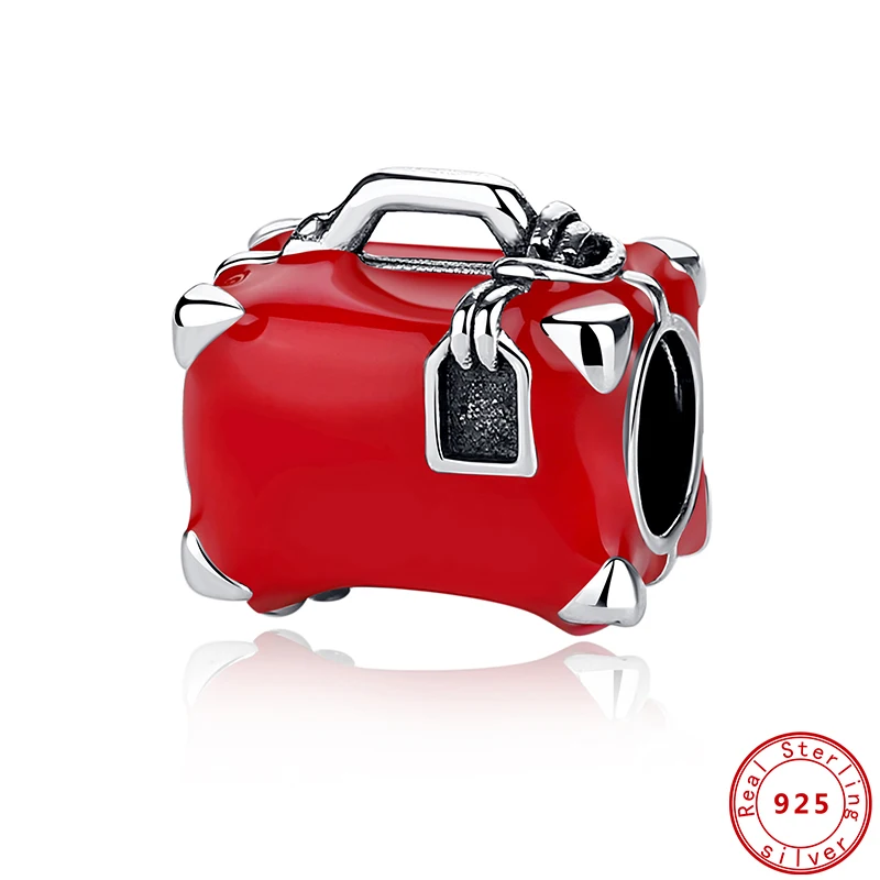 

New Original 925 Sterling Silver Beads Travel Suitcase Charm Red Enamel Fit Pandora Bracelets Women DIY Jewelry Dropship