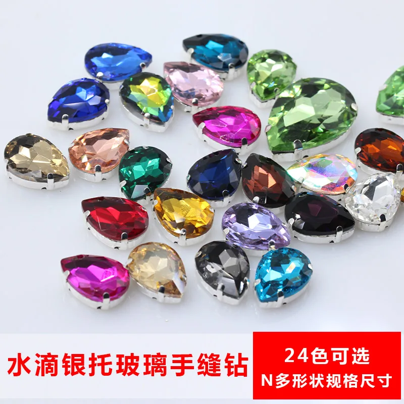 All-size teardrop crystal glass sewing Gems flatback sew on claw rhinestones silver base button Garment Decorate jewelry making