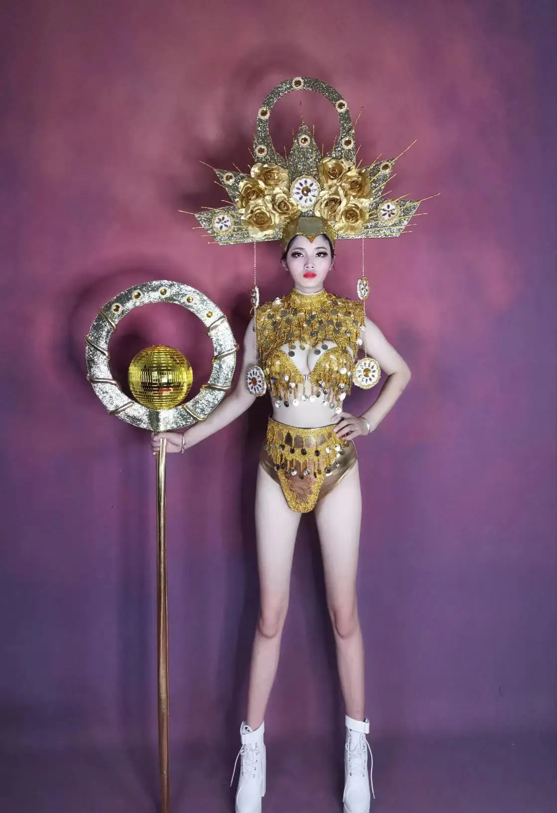 Gold Sun goddess cosplay costume sexy women gogo nightclub bar stage show wear golden bikini headwear set