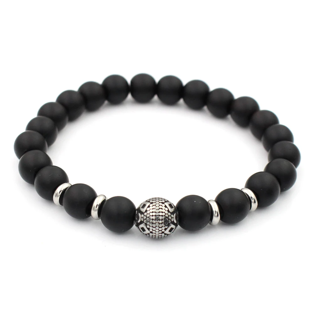 Fashion Stainless Steel Ball Bead Charms 8mm Black Stone Stretch Bead Bracelet For MEN&WOMEN